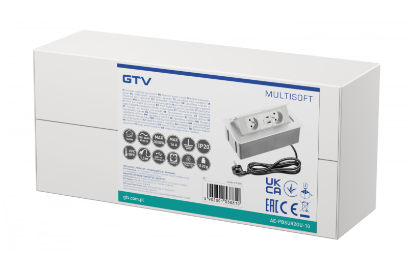 Presa per mobili MULTISOFT 2x Presa con messa a terra, USB A+C, RJ45, cavo di alimentazione con spina, Bianco