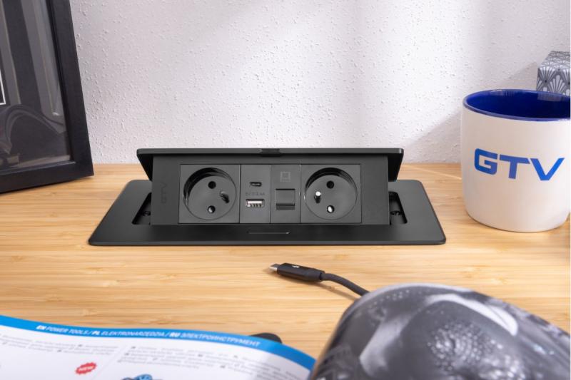 MULTISOFT Presa per Mobili 2x Presa con Messa a Terra, USB A+C, RJ45, Cavo di Alimentazione con Spina, Nero