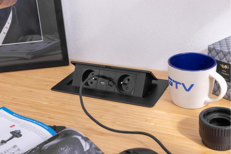 MULTISOFT Presa per Mobili 2x Presa con Messa a Terra, USB A+C, RJ45, Cavo di Alimentazione con Spina, Nero