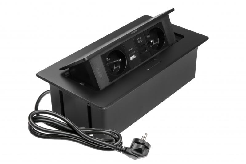 MULTISOFT Presa per Mobili 2x Presa con Messa a Terra, USB A+C, RJ45, Cavo di Alimentazione con Spina, Nero