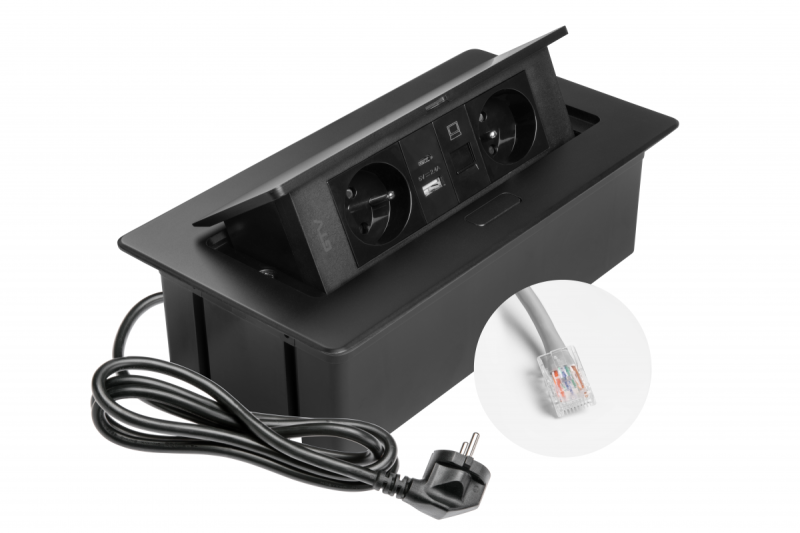 MULTISOFT Presa per Mobili 2x Presa con Messa a Terra, USB A+C, RJ45, Cavo di Alimentazione con Spina, Nero