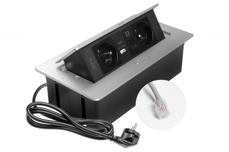 Presa per Mobili MULTISOFT 2x Presa con Messa a Terra, USB A+C, RJ45, Cavo di Alimentazione con Spina, Alluminio