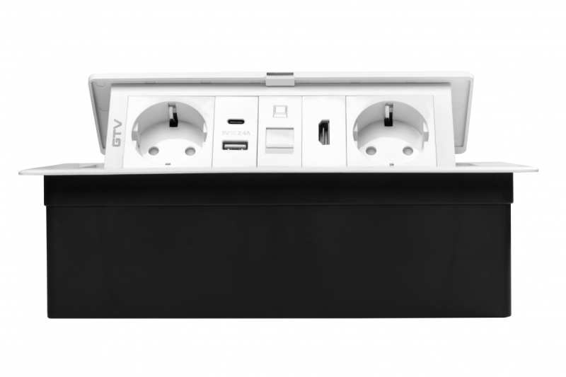 Presa da incasso MULTISOFT, 2xSHUKO, USB A+C, RJ45, HDMI, cavo 1,5 m, bianco