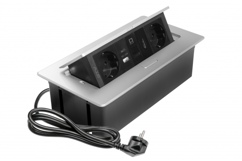 Presa per mobili MULTISOFT, 2xSHUKO, USB A+C, RJ45, cavo HDMI 1,5 m, alluminio