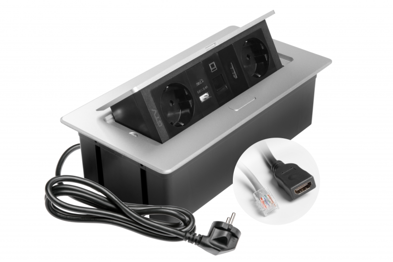 Presa per mobili MULTISOFT, 2xSHUKO, USB A+C, RJ45, cavo HDMI 1,5 m, alluminio