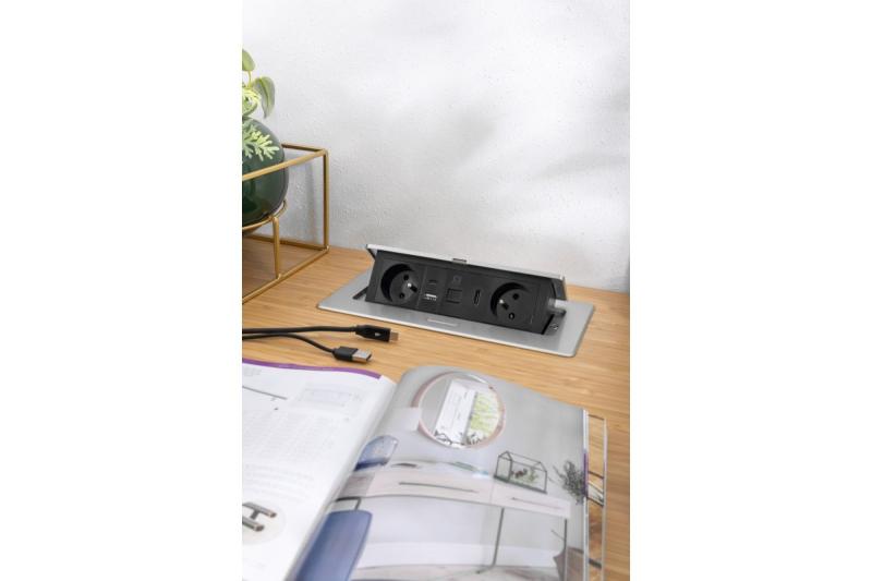 Presa per mobili MULTISOFT 2x Presa con Messa a Terra, USB A+C, RJ45, HDMI, Cavo di Alimentazione con Spina, Alluminio