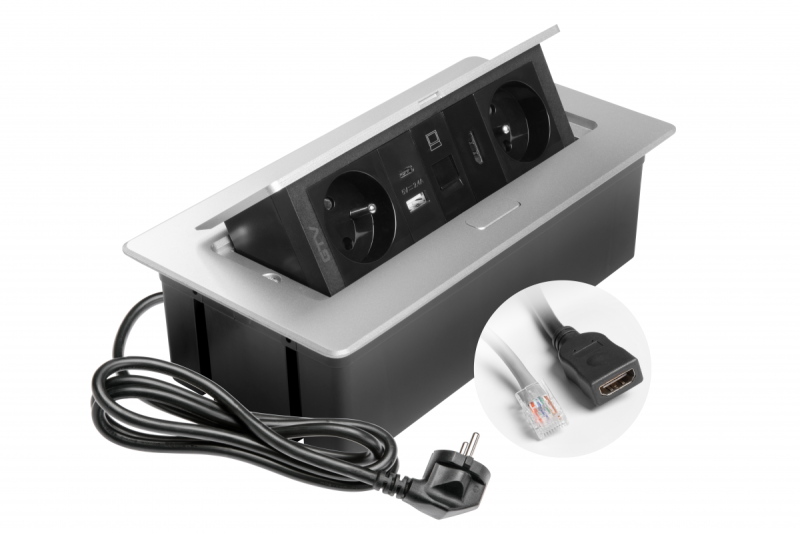 Presa per mobili MULTISOFT 2x Presa con Messa a Terra, USB A+C, RJ45, HDMI, Cavo di Alimentazione con Spina, Alluminio