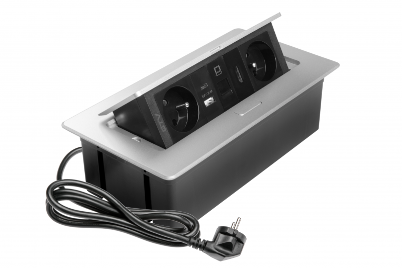 Presa per mobili MULTISOFT 2x Presa con Messa a Terra, USB A+C, RJ45, HDMI, Cavo di Alimentazione con Spina, Alluminio