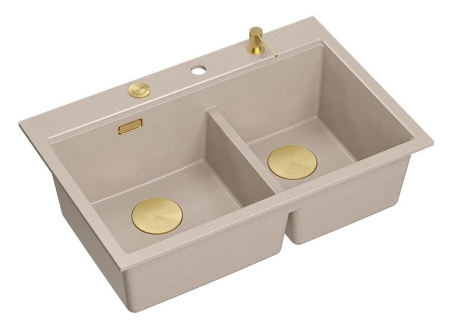 Lavello da incasso Quadri Hard Rock in granito beige doppio 76x50 cm con tappo dorato e accessori 1208971663 - Productafbeelding 2