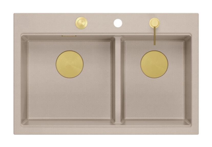 Lavello da incasso Quadri Hard Rock in granito beige doppio 76x50 cm con tappo dorato e accessori 1208971663 - Productafbeelding