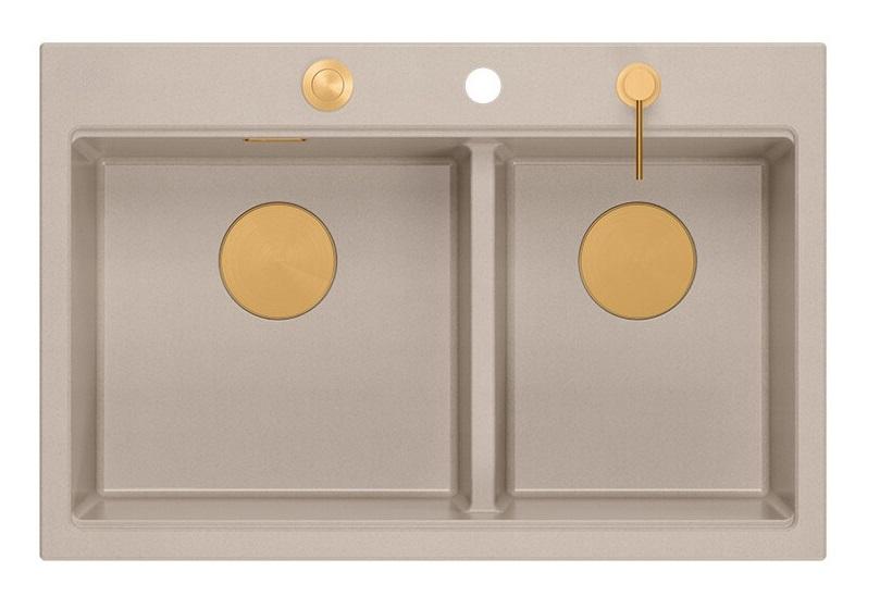 Lavabo Doppio in Granito Beige Hard Rock Quadri 76x50 cm con Tappo di Rame e Accessori 1208971726 - Productafbeelding