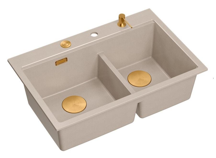 Lavabo Doppio in Granito Beige Hard Rock Quadri 76x50 cm con Tappo di Rame e Accessori 1208971726 - Productafbeelding 2