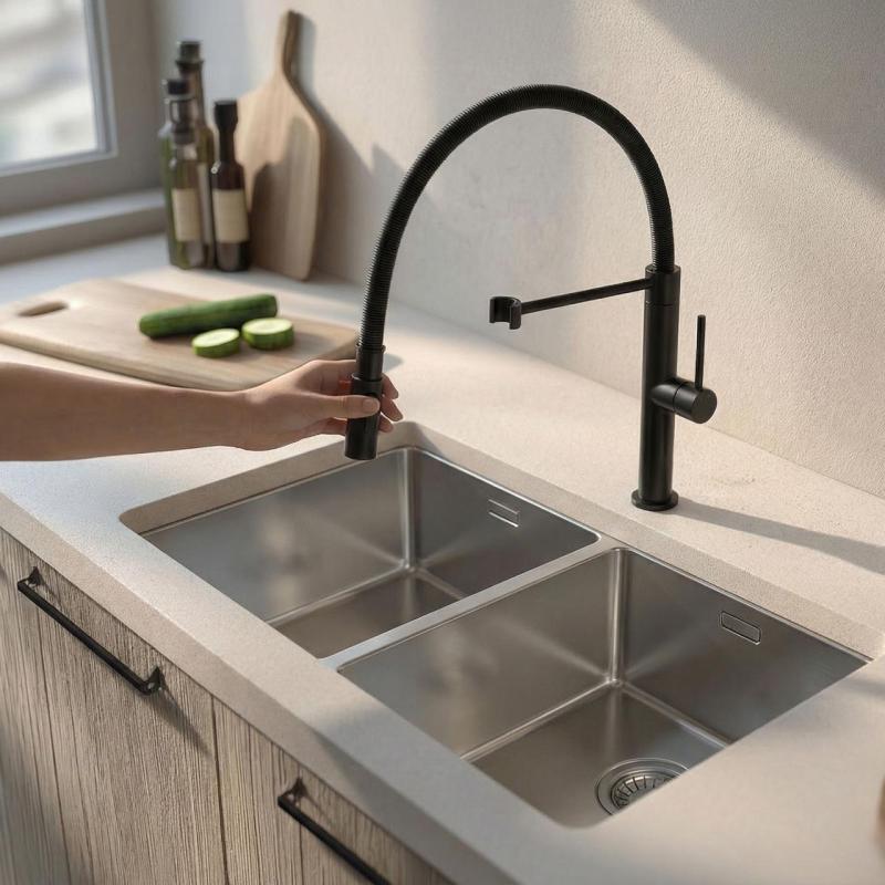Pure.Sink Luxion Rubinetto da cucina nero opaco profi con bocca flessibile e 2 tipi di getto PLXFLEX-10