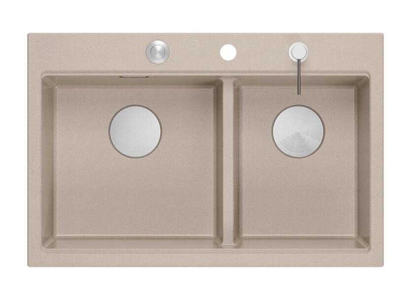 Lavabo in granito beige doppio Quadri Hard Rock da incasso 76x50 cm con tappo in acciaio inossidabile e accessori 1208971749 - Productafbeelding