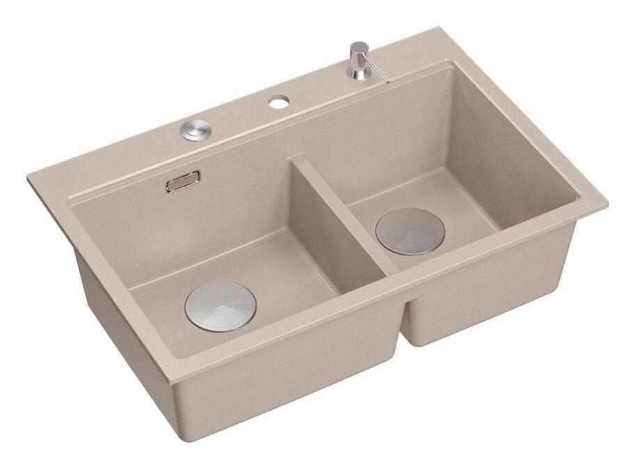 Lavabo in granito beige doppio Quadri Hard Rock da incasso 76x50 cm con tappo in acciaio inossidabile e accessori 1208971749 - Productafbeelding 2