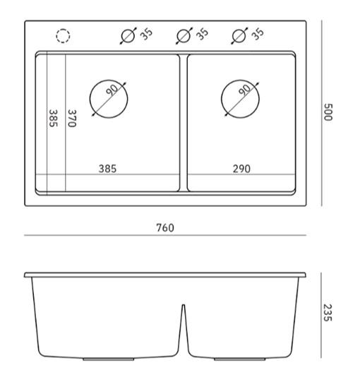 Lavabo in granito beige doppio Quadri Hard Rock da incasso 76x50 cm con tappo in acciaio inossidabile e accessori 1208971749 - Productafbeelding 3