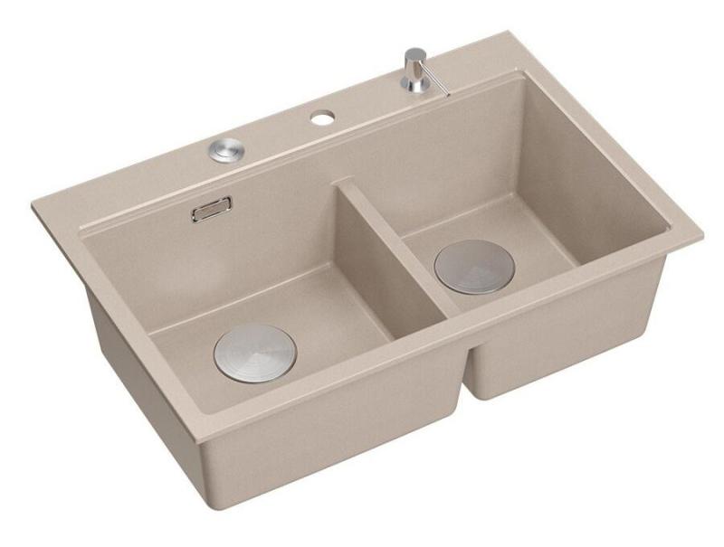 Lavabo in granito beige doppio Quadri Hard Rock da incasso 76x50 cm con tappo in acciaio inossidabile e accessori 1208971749
