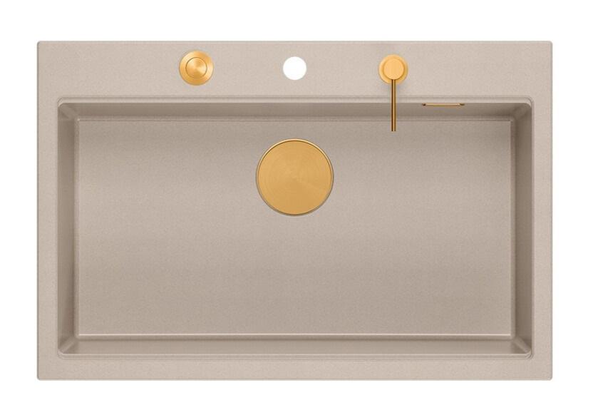 Lavello da incasso grande in granito beige Quadri Hard Rock 76x50cm incluso tappo di rame e accessori 1208971750 - Productafbeelding