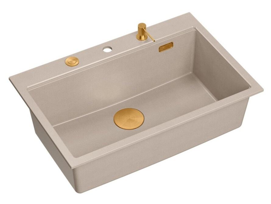Lavello da incasso grande in granito beige Quadri Hard Rock 76x50cm incluso tappo di rame e accessori 1208971750 - Productafbeelding 2