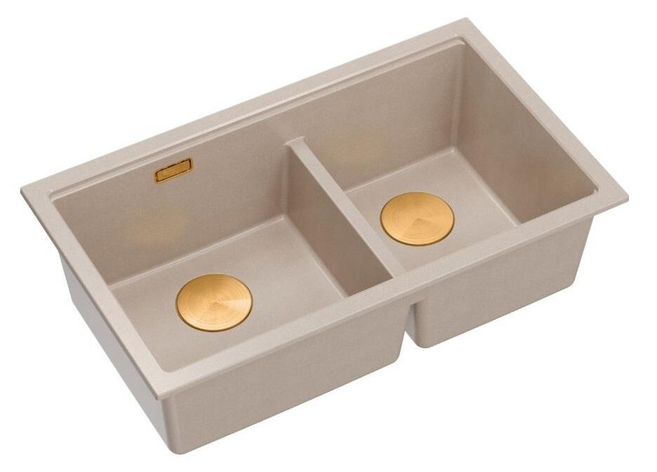 Lavabo doppio Newport II in granito beige 76x45 cm con tappo di rame 1208971752 - Productafbeelding 3