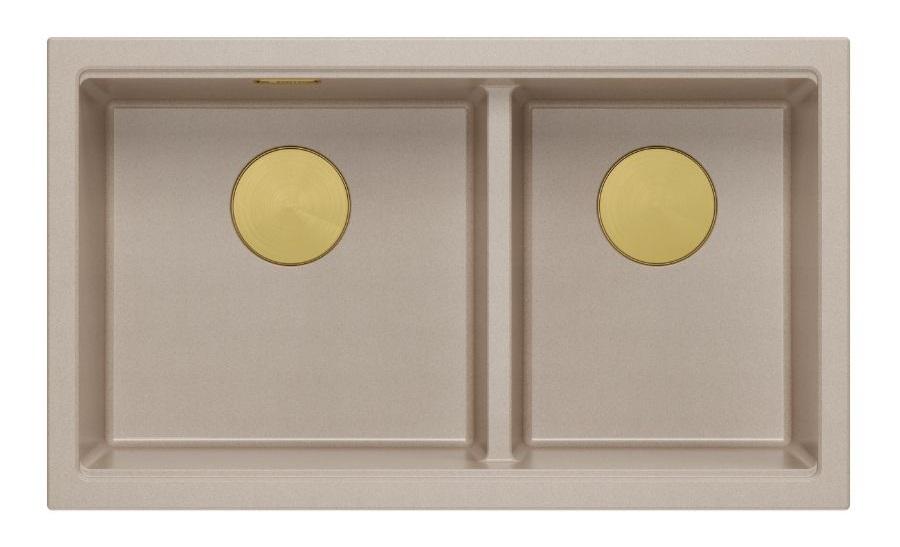 Lavello da incasso Newport II doppio in granito beige 76x45 cm con tappo dorato 1208971753 - Productafbeelding