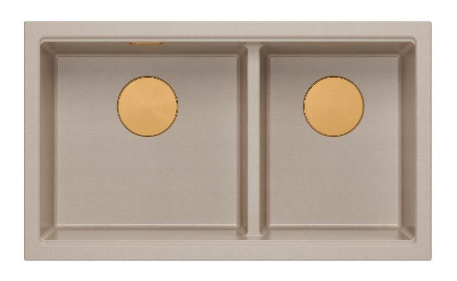 Lavabo sottopiano in granito beige doppio Quadri Newport II 702 x 390 mm con tappo di rame 1208971755 - Productafbeelding