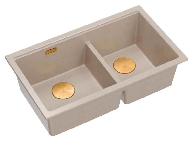 Lavabo sottopiano in granito beige doppio Quadri Newport II 702 x 390 mm con tappo di rame 1208971755