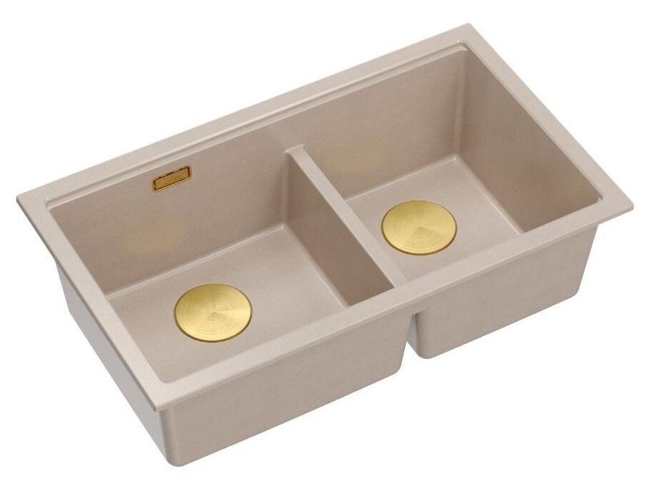 Quadri Newport II Doppio Lavabo Sottotop in Granito Beige 702 x 390 mm con Tappo Dorato 1208971756 - Productafbeelding 3
