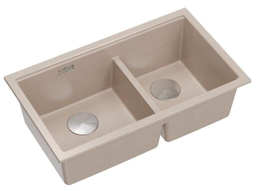 Quadri Newport II Doppio Lavello Sottopiano Beige Granito 702 x 390 mm con tappo in acciaio inossidabile 1208971757 - Productafbeelding 3