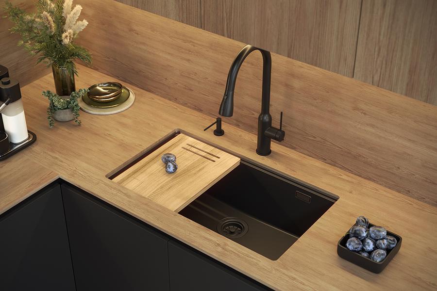 Lavello da cucina Quadri Newport II grande e profondo in granito da appoggio e sottotop beige 76x45cm con tappo in rame 1208971758 - Productafbeelding 4