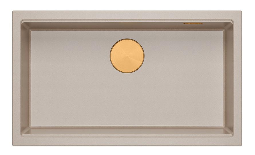 Lavello da cucina Quadri Newport II grande e profondo in granito da appoggio e sottotop beige 76x45cm con tappo in rame 1208971758 - Productafbeelding