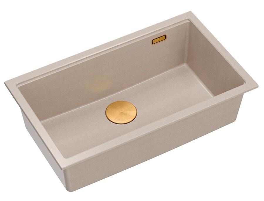 Lavello da cucina Quadri Newport II grande e profondo in granito da appoggio e sottotop beige 76x45cm con tappo in rame 1208971758 - Productafbeelding 3