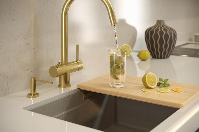 Lavello sottopiano Quadri Newport II in granito beige 560x450mm con tappo dorato e cappuccio di scarico 1208971765