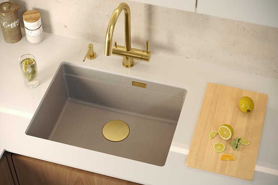 Lavello sottopiano Quadri Newport II in granito beige 560x450mm con tappo in acciaio inossidabile e copertura di scarico 1208971766 - Productafbeelding 2