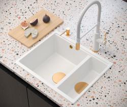 Quadri Newport II beige 1,5 lavandino in granito da appoggio e sottotop 555x460mm con tappo di rame 1208971767