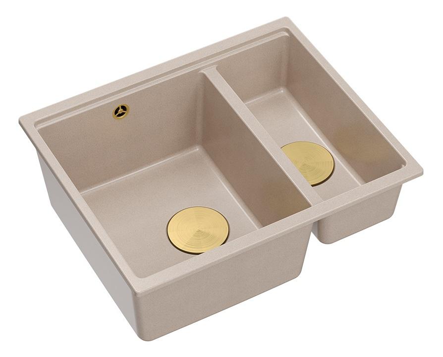 Quadri Newport II beige 1,5 lavandino in granito da incasso e sottotop 555x460mm con tappo d'oro 1208971768 - Productafbeelding 2