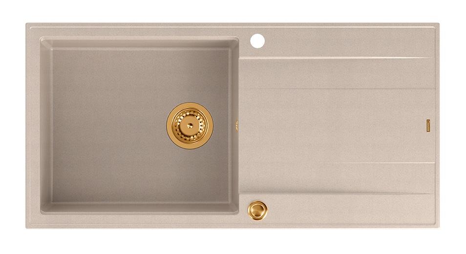Lavello sopra piano Quadri Luton in granito colore beige perlato con superficie di sgocciolamento reversibile 100x50cm con tappo di rame 1208971770 - Productafbeelding