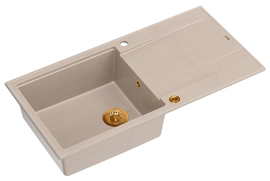 Lavello sopra piano Quadri Luton in granito colore beige perlato con superficie di sgocciolamento reversibile 100x50cm con tappo di rame 1208971770 - Productafbeelding 2
