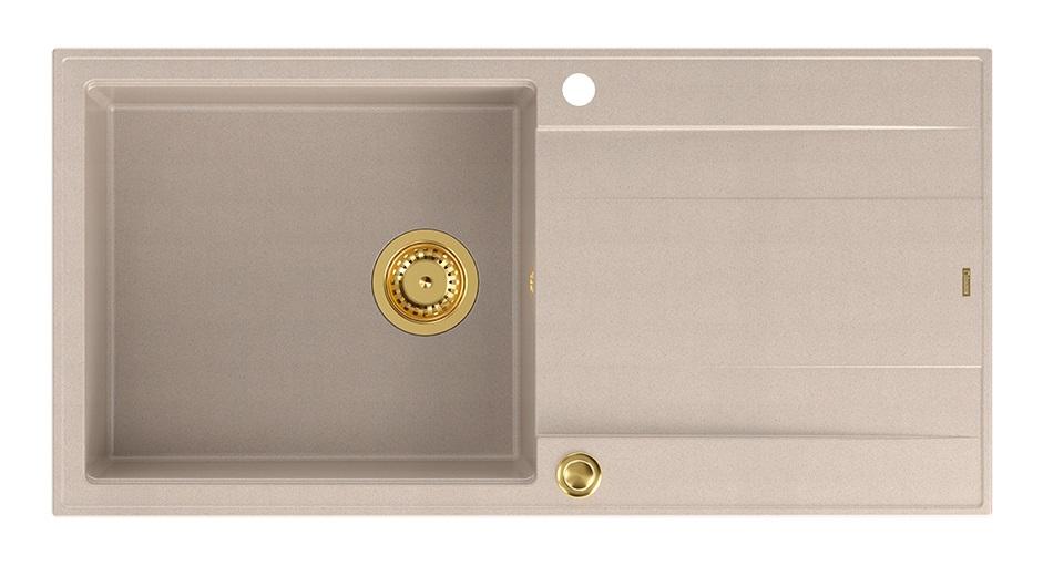 Lavello da incasso in granito beige Quadri Luton con piano di scolatura reversibile 100x50cm con tappo dorato 1208971771 - Productafbeelding