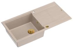 Lavello da incasso in granito beige Quadri Luton con piano di scolatura reversibile 100x50cm con tappo dorato 1208971771
