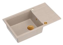 Lavello da incasso grande in granito beige perla Quadri Luton con piano di scolatura reversibile 86x50cm con tappo di rame 1208971773