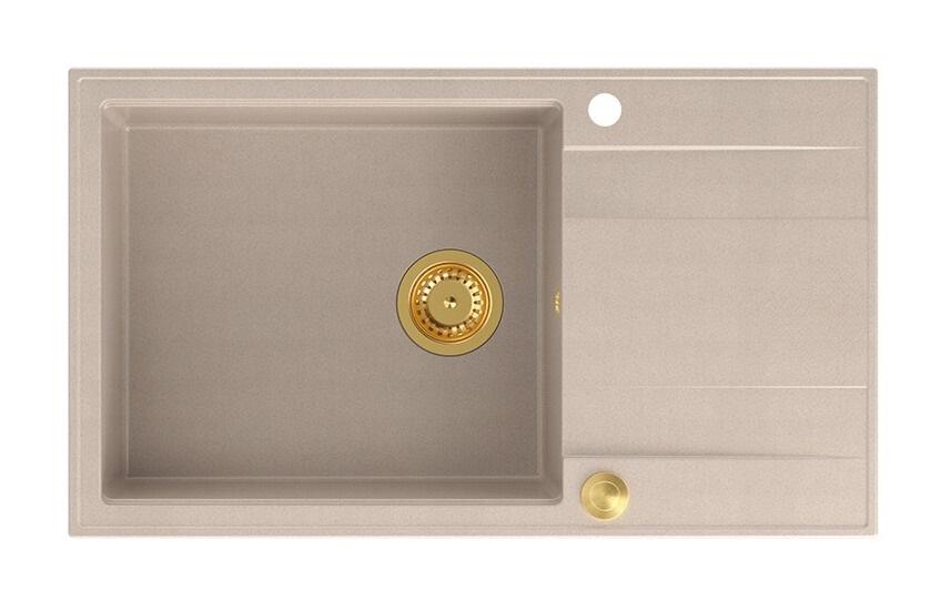 Lavello da incasso in granito beige perlato Quadri Luton di grandi dimensioni con area di scolo, reversibile 86x50cm con tappo dorato 1208971774 - Productafbeelding