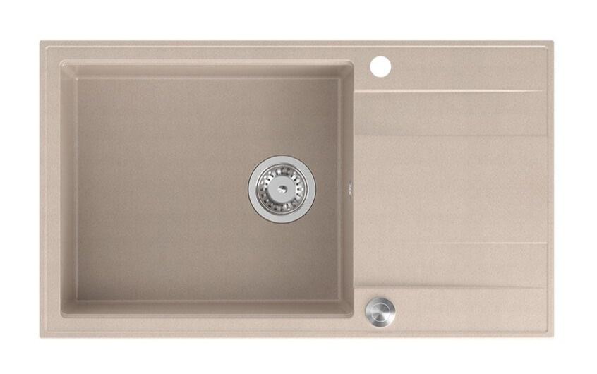 Lavello da incasso grande in granito beige perla Quadri Luton con piano di scolatura reversibile 86x50cm con tappo in acciaio inossidabile 1208971775 - Productafbeelding
