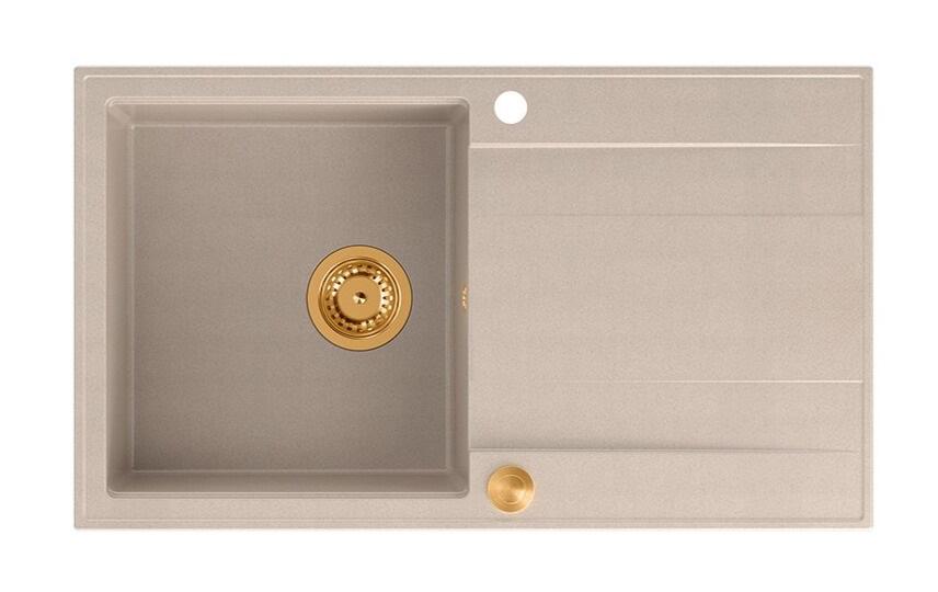 Lavello da incasso Quadri Luton perla beige in granito con superficie di sgocciolamento reversibile 86x50cm con tappo di rame 1208971777 - Productafbeelding