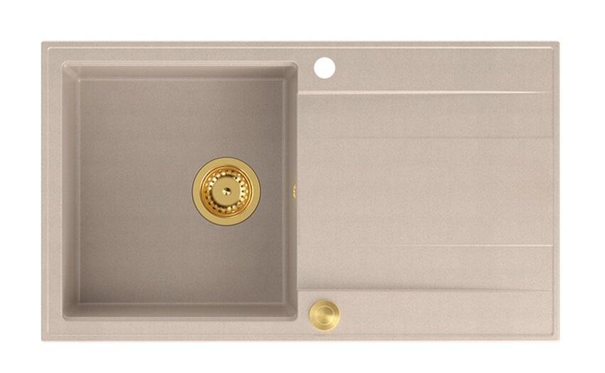 Lavabo sopra-top Quadri Luton pearl beige in granito con piano di scolatura reversibile 86x50cm con tappo dorato 1208971778 - Productafbeelding