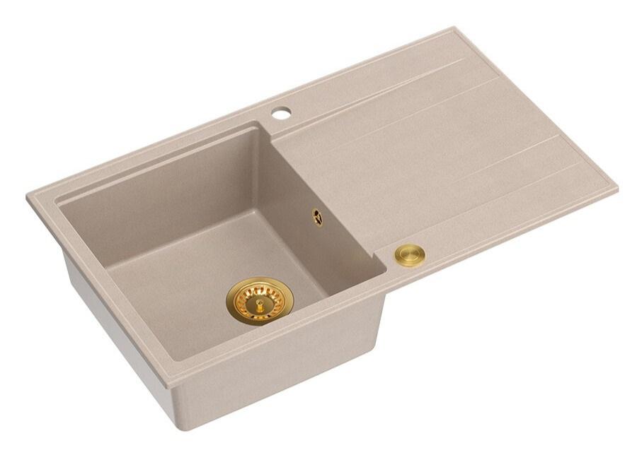 Lavabo sopra-top Quadri Luton pearl beige in granito con piano di scolatura reversibile 86x50cm con tappo dorato 1208971778 - Productafbeelding 2