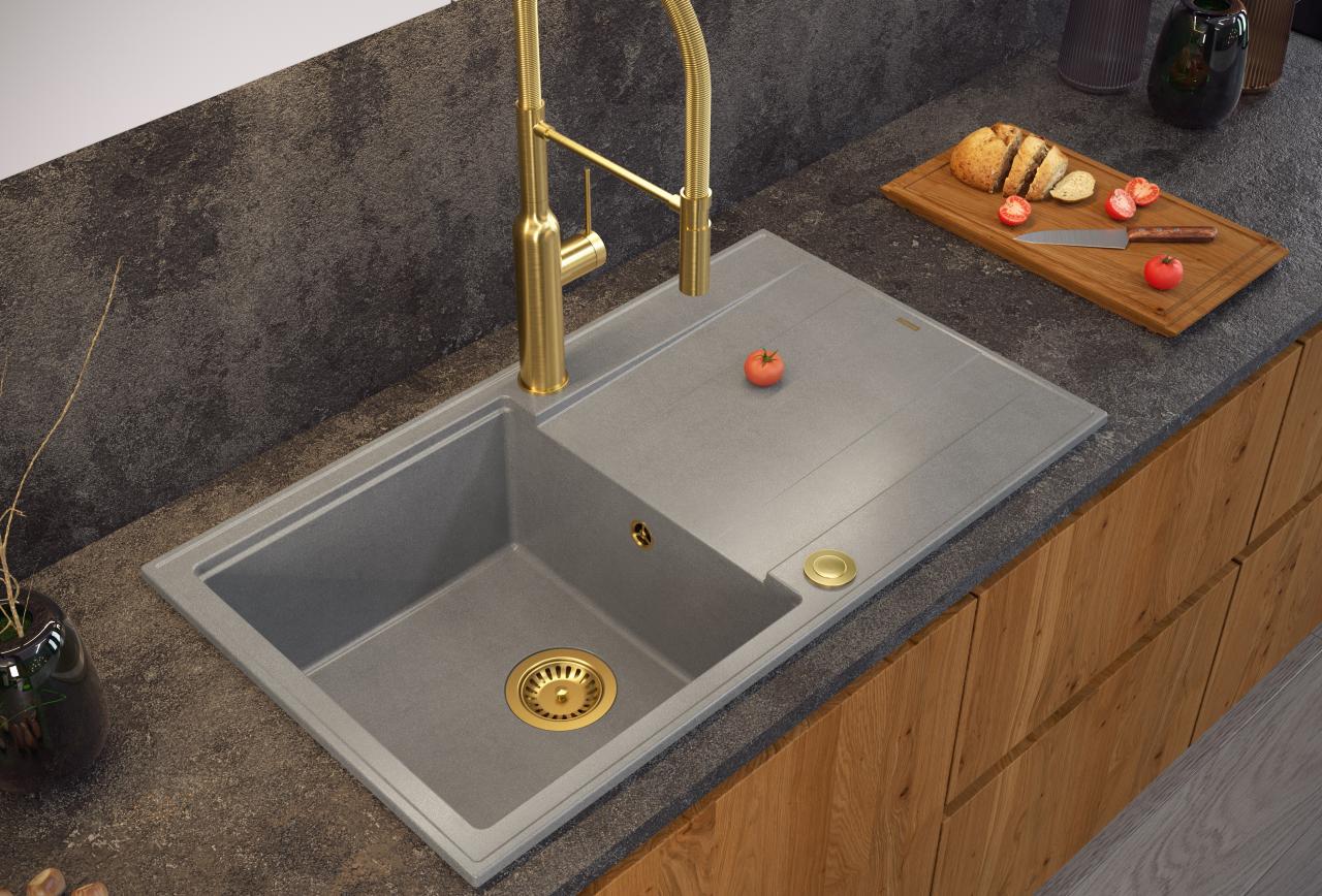 Lavabo sopra-top Quadri Luton pearl beige in granito con piano di scolatura reversibile 86x50cm con tappo dorato 1208971778 - Productafbeelding 3