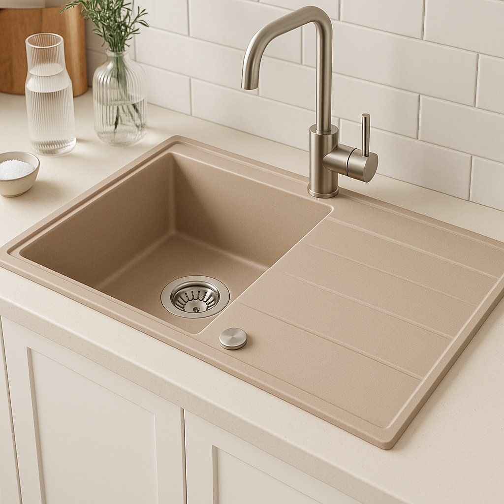 Lavello da incasso Quadri Luton in granito beige perlato con zona di scolatura reversibile 86x50cm con tappo in acciaio inossidabile 1208971779 - Productafbeelding 2