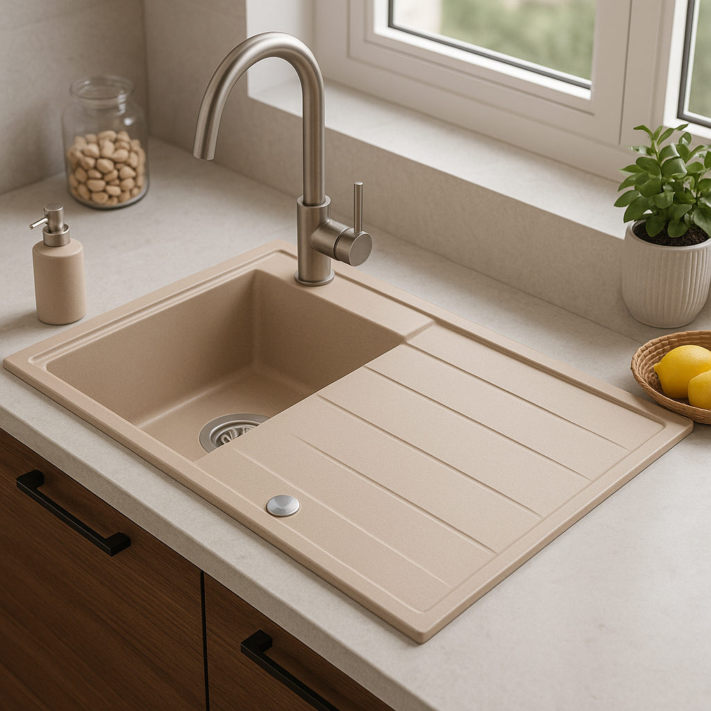 Lavello da incasso Quadri Luton in granito beige perlato con zona di scolatura reversibile 86x50cm con tappo in acciaio inossidabile 1208971779 - Productafbeelding 3