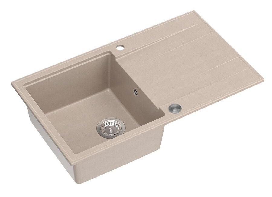 Lavello da incasso Quadri Luton in granito beige perlato con zona di scolatura reversibile 86x50cm con tappo in acciaio inossidabile 1208971779 - Productafbeelding 4